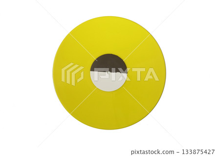 Yellow Vinyl record on a white background. Retro style. Top view. Flat lay, copy space. 133875427