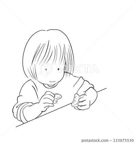 Child peeling a mandarin orange line drawing Child peeling a mandarin orange line drawing 133875530