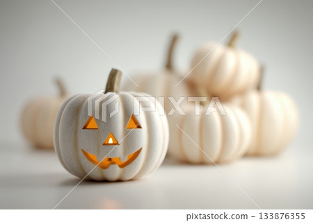Charming White Halloween Pumpkins that Glimmer and Glow with an Enchanting Soft Light 133876355