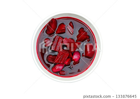 Homemade pickled beetroot in bowl on a wooden background. 133876645