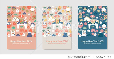 2026 horizontal New Year's card design featuring the zodiac sign of the horse and auspicious items 133876957