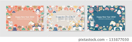 2026 horizontal New Year's card design featuring the zodiac sign of the horse and auspicious items 133877030