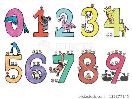 Cute animals and colorful numbers illustration set 133877145