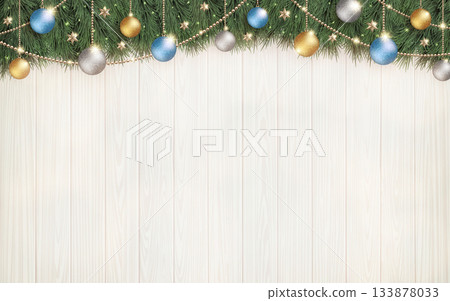 A shining Christmas tree and a horizontal white wood grain background 133878033