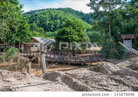 Karen village elephant camp in Mae Yao district destroyed after Typhoon Yagi has swept Chiang Rai province of Thailand. 133878096
