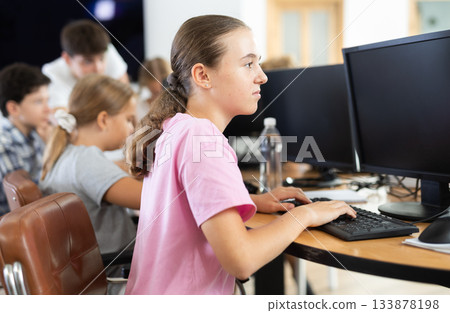 Portrait of female schoolgirl at computers in computer class 133878198