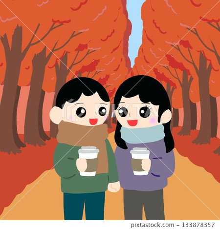A couple strolling around with hot drinks 133878357