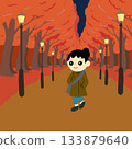 A woman walking through autumn leaves at night 133879640