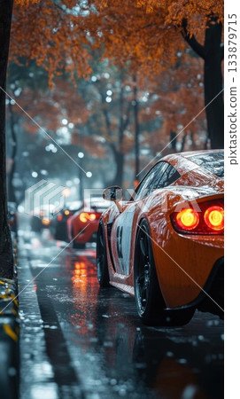 Cars on the street in the rain. Rainy day. 133879715