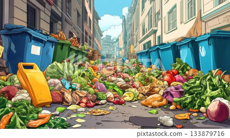 cartoon image of garbage in the city street - illustration for children 133879716
