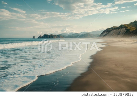 Beach with sand and waves of the Ocean at Sunset. 133879832