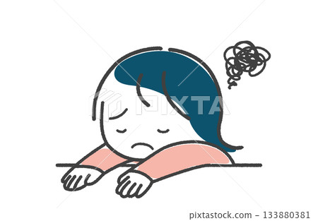 Hand-drawn woman lying on a desk and feeling depressed Hand-drawn woman lying on a desk and feeling depressed 133880381