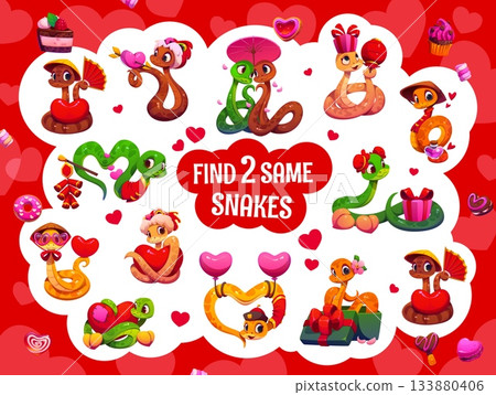 Find two same valentine snakes. Kids game worksheet with cartoon reptile characters. Vector educational children riddle, leisure activity with adorable colorful snakes in love with hearts and gifts 133880406