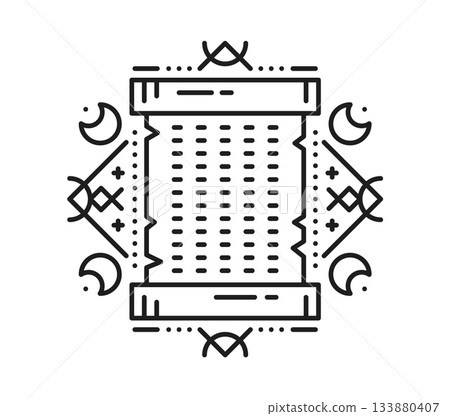Egyptian ancient manuscript paper esoteric line tattoo. Ancient history sacred outline vector tattoo, egyptian mythology esoteric linear print. Egypt culture tarot symbol with papyrus book scroll Egyptian ancient manuscript paper esoteric line tattoo. Ancient history sacred outline vector tattoo, egyptian mythology esoteric linear print. Egypt culture tarot symbol with papyrus book scroll 133880407