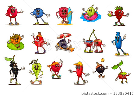 Cartoon groovy berry characters on vacation, retro hippie fruit food vector personages doing beach activities. Cute groovy strawberry, raspberry, blueberry and cherry berries with cocktails and balls 133880415