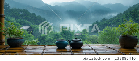 Tea ceremony with a mountain view Tea ceremony with a mountain view 133880416