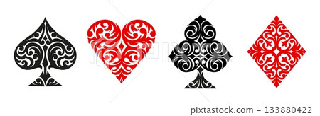 Casino poker card suit ornaments or gamble game card decks of clubs, hearts and diamonds or spades, vector icons. Casino poker card suits with ornate ornament for jackpot and gambling game design Casino poker card suit ornaments or gamble game card decks of clubs, hearts and diamonds or spades, vector icons. Casino poker card suits with ornate ornament for jackpot and gambling game design 133880422