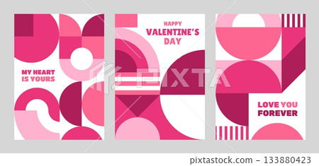 Valentines Day holiday posters with pink geometric shapes. Vector modern graphic pattern of white pink geometric shapes and figures mosaic. Happy Valentines Day romantic holiday greeting card Valentines Day holiday posters with pink geometric shapes. Vector modern graphic pattern of white pink geometric shapes and figures mosaic. Happy Valentines Day romantic holiday greeting card 133880423