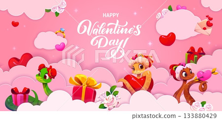 Happy Valentine Day paper cut greeting card with funny snakes and love hearts, vector poster. Valentine day holiday greeting with snakes in pink clouds with flowers, gifts and love message in envelope 133880429
