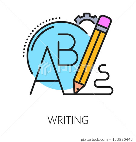 Kids writing cognitive ability color line icon or pictogram. Writing cognitive ability development line vector sign, memory and attention mental capability improvement icon with pencil and ABC letters 133880443