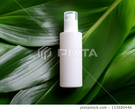 一排排天然化妝品瓶，配上綠葉。 133880446