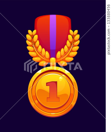 Game medal award icon, victory and achievement trophy golden badge, cartoon vector. Game medal with number 1 one or first place award with golden laurel wreath and chevron shield for top rank trophy Game medal award icon, victory and achievement trophy golden badge, cartoon vector. Game medal with number 1 one or first place award with golden laurel wreath and chevron shield for top rank trophy 133880456