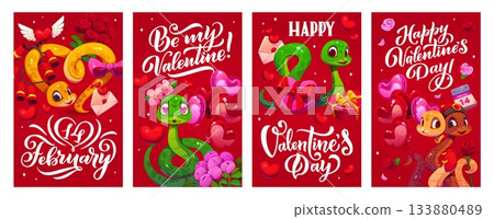 Valentine Day holiday greeting cards and posters with funny snakes and love hearts, cartoon vector. Happy Valentine day and I Love You quotes with snake couples, heart balloons, gifts and flowers Valentine Day holiday greeting cards and posters with funny snakes and love hearts, cartoon vector. Happy Valentine day and I Love You quotes with snake couples, heart balloons, gifts and flowers 133880489