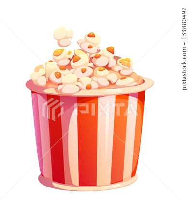 Cartoon fast food popcorn bucket of pop corn for dessert, vector icon. Cartoon popcorn basket for movie snack or cinema theater sweet dessert or bar takeaway menu 133880492