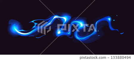 Magic light wave of power for wizard game vfx effect or cartoon glow, vector swirl trail. Magic wand spell power of blue line shine or sparkle of power wind flow or energy curved motion for game Magic light wave of power for wizard game vfx effect or cartoon glow, vector swirl trail. Magic wand spell power of blue line shine or sparkle of power wind flow or energy curved motion for game 133880494