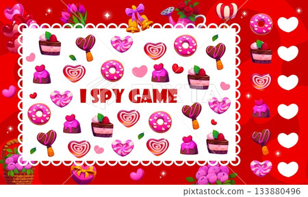 I spy game worksheet with Valentine day sweets and candies, vector puzzle quiz for kids. I spy game to find same cartoon Valentine love candy of heart lollipop, pink donut and caramel with berry cake I spy game worksheet with Valentine day sweets and candies, vector puzzle quiz for kids. I spy game to find same cartoon Valentine love candy of heart lollipop, pink donut and caramel with berry cake 133880496