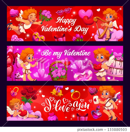 Valentines day holiday banners featuring cute cherubs, hearts, roses, gifts, swans, letters, rings and romantic elements. Vector horizontal cards display elegant typography and festive playful decor Valentines day holiday banners featuring cute cherubs, hearts, roses, gifts, swans, letters, rings and romantic elements. Vector horizontal cards display elegant typography and festive playful decor 133880503