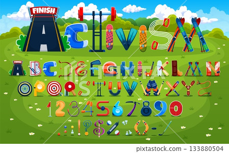Funny fitness type, cartoon sport font, soccer and football typeface, kids activity English alphabet. Vector sports letters and numbers and symbols on green field for children activities and education 133880504