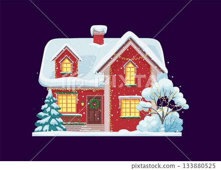 Winter Christmas snowy house, village or city building. Cartoon vector snowy red cottage with glowing windows, holiday wreath on the door, garlands and porch, spruce trees with snow covered branches Winter Christmas snowy house, village or city building. Cartoon vector snowy red cottage with glowing windows, holiday wreath on the door, garlands and porch, spruce trees with snow covered branches 133880525