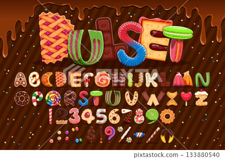 Dessert font, sweet candy letters type, bakery typeface, confectionery english alphabet, vector typography set. Cartoon dessert food font letters and numbers on dripping melted chocolate background 133880540