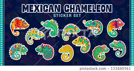 Cartoon Mexican chameleon stickers pack of funny lizards, vector exotic animals. Funny colorful chameleons stickers with Mexican floral ornaments, cute lizards or reptile characters for Mexico fiesta Cartoon Mexican chameleon stickers pack of funny lizards, vector exotic animals. Funny colorful chameleons stickers with Mexican floral ornaments, cute lizards or reptile characters for Mexico fiesta 133880561
