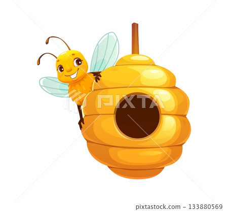 Cartoon cheerful honey bee character peeking out from a round wild honeycomb hive, smiling joyfully. Vector funny honeybee insect personage with expressive face, conveys happiness and summertime vibes Cartoon cheerful honey bee character peeking out from a round wild honeycomb hive, smiling joyfully. Vector funny honeybee insect personage with expressive face, conveys happiness and summertime vibes 133880569