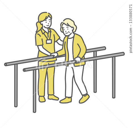 Illustration of walking training and rehabilitation using parallel bars (caregiver and elderly person) 133880571