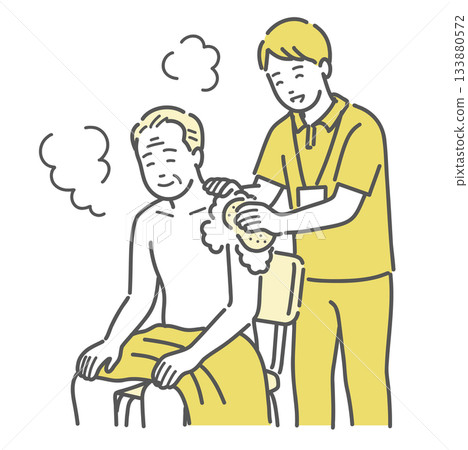 Illustration of bathing assistance (caregiver and elderly person) 133880572