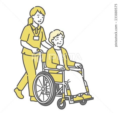 護理人員協助坐在輪椅上的老人的插圖 133880575