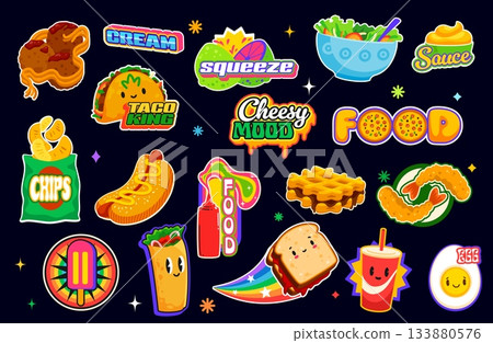 Fast food Y2K stickers and takeaway patch labels with snacks and desserts, cartoon vector set. Fast food stickers of taco with funny face and burrito smile, sandwich and funky soda drink Y2K character 133880576