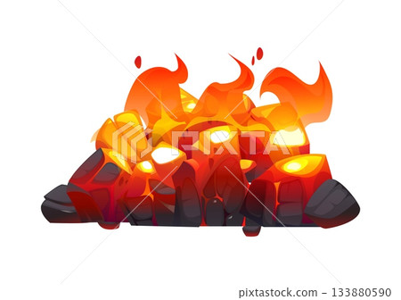 Cartoon fireplace charcoal with fire flames on burning ember coal pieces and ash, vector icon. Firewood, coal, or charcoal ember pieces burn in fire flames of fireplace or hearth and campfire Cartoon fireplace charcoal with fire flames on burning ember coal pieces and ash, vector icon. Firewood, coal, or charcoal ember pieces burn in fire flames of fireplace or hearth and campfire 133880590