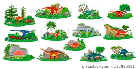 Prehistoric cartoon dinosaurs and Jurassic lizards with reptiles in jungle forest, vector set. Kids dino collection of giant lizards and prehistoric animals for encyclopedia or dinosaurs atlas book Prehistoric cartoon dinosaurs and Jurassic lizards with reptiles in jungle forest, vector set. Kids dino collection of giant lizards and prehistoric animals for encyclopedia or dinosaurs atlas book 133880591