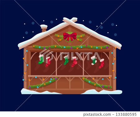 Christmas market stall with hanging stockings, garlands and snowy roof. Cozy winter booth decorated for festive celebration. Cartoon vector wooden stand kiosk with colorful traditional holiday lights 133880595