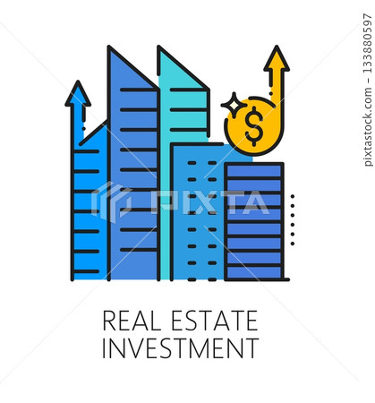 Investment in real estate, business color line icon or symbol. Finance capital fund outline vector sign, investment in real estate symbol. Property trade startup icon with skyscraper buildings 133880597