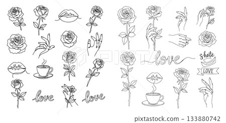 Floral Line Art Set Roses, Hands, Lips, Coffee, and Love Script Decorations 133880742