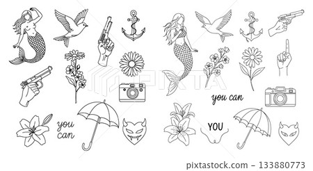 Mermaid, Dove, Camera, and Pistol Elements Diverse Iconography for Tattoo Design and Art 133880773