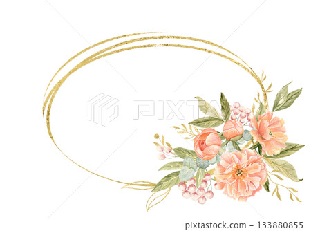 Peony flowers, peach tones, green leaves, berries watercolor oval frame isolated on white. Hand-painted golden detail, perfect for wedding invitations, branding, packaging, fabric design, card. Square 133880855