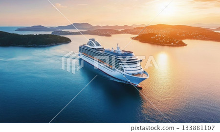 Luxury cruise ship in the sea at sunset. 133881107