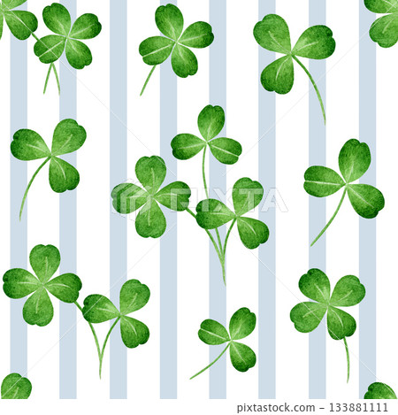 Green clover leaves on blue stripe background seamless pattern design element. Hand drawn shamrock leaf pattern watercolor illustration floral decoration 133881111