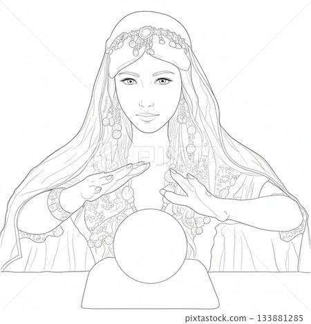 Serious and serious beautiful fortune teller line drawing 133881285